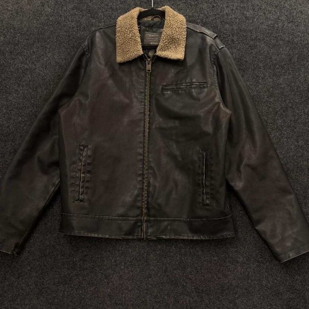 Aeropostale Detroit Faux Leather Sherpa Jacket Men's XL Black Coat Vintage